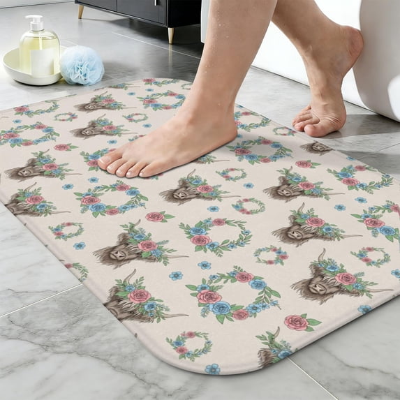 Watering Mat Highland Cow and Flower Print Non-Slip Bath Mat, Kitchen Floor Mat with ...