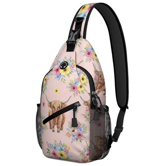 Highland Cow and Flower Print Sling Backpack, Unisex Hiking Chest Pack ...