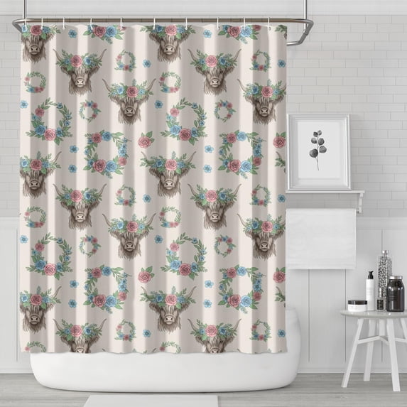 Highland Cow and Flower Print Waterproof Shower Curtain, Mildew ...