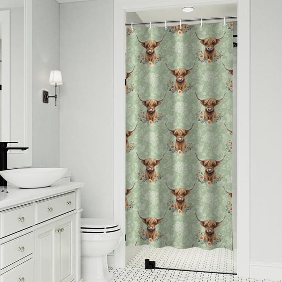 Highland Cow and Flower Print Waterproof Shower Curtain, Opaque ...