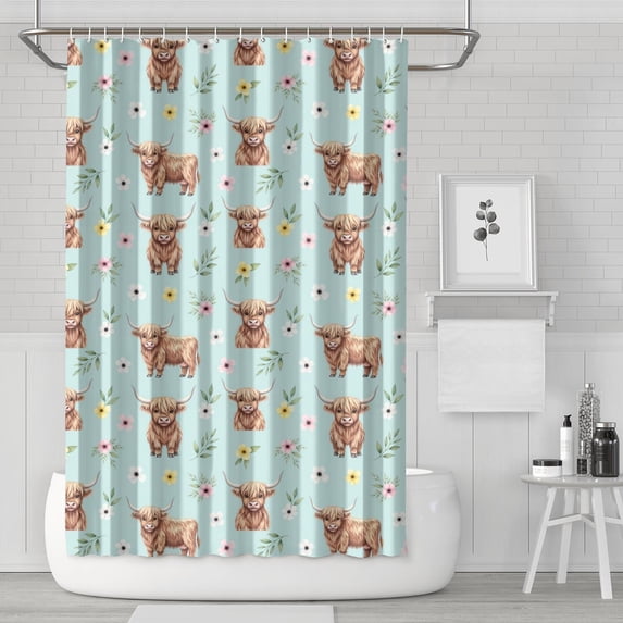 Highland Cow and Flower Print Waterproof Shower Curtain, Weighted Hem ...