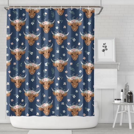 Highland Cow and Flower Print Waterproof Shower Curtain, Weighted Hem ...