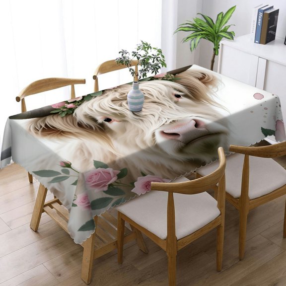 Highland Cow Flower Tablecloths for dining table, Festive Table Setting - 2D Flat Printing Tablecloths rectangle , Cafe, dinner, brunch, buffet, picnic