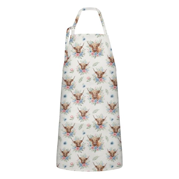 Highland Cow Flower Wreath Pattern Apron-Garden Aprons for Women with Pockets-Cotton Linen Waterproof Kitchen Cooking Gardening Aprons Adjustable for Kitchen,Cooking,BBQ and Salon 33x27 Inch