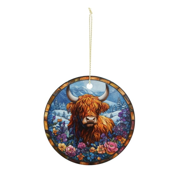 Highland Cow in Flowers Christmas ornament, Christmas decoration, holiday present idea, heirloom keepsake, round ceramic, gift Exchange, bauble present, gift idea