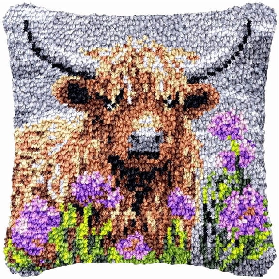 Highland Cow & Flowers Latch Hook Kits Pillow DIY Rug Cushion Making Kits with preprinted Pattern Canvas Instruction Yarns and Latch Hooking Pillow Cover Easy to Start DIY Home Decor Kits 43x43cm