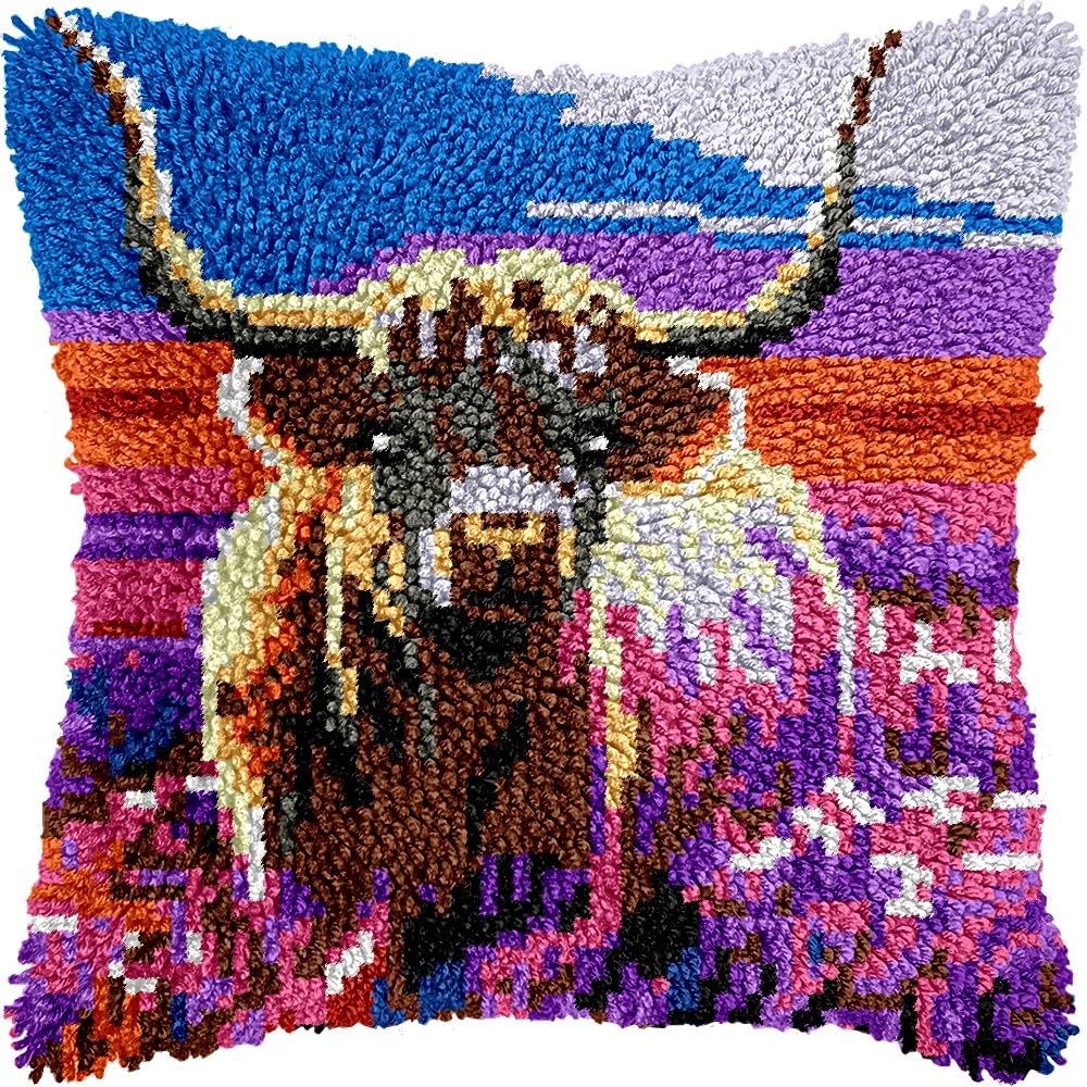 Highland Cow & Flowers Latch Hook Pillow Kits for DIY Throw Pillow Cushion Embroidery Latch Hooking Pillowcase Kits with Preprinted Canvas Crochet Yarn Kits for Home Decor 17''X 17''(C2)