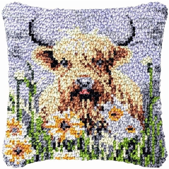 Highland Cow & Flowers Latch Hook Pillowcase Kits for Adults and Starter DIY Cushion Latch Hooking Make Rug Kits with Preprinted Canvas Crochet Yarn Kits Needlework Crafts 17'' X 17''
