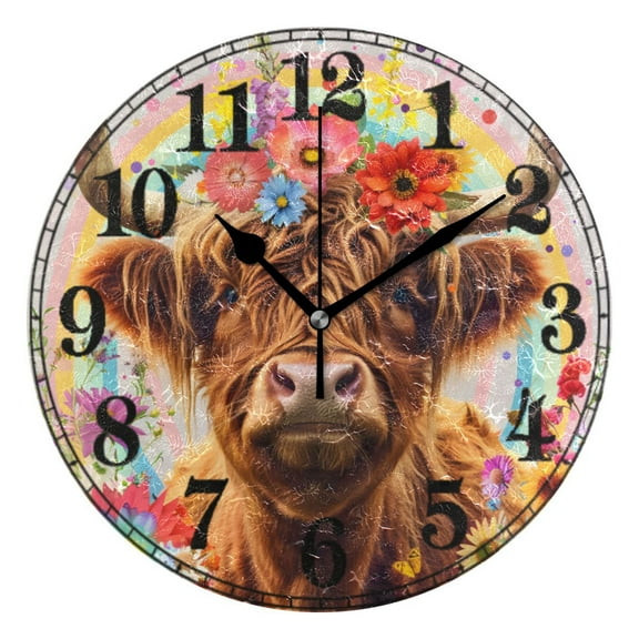 Highland Cow Flowers Rainbow Silent Wall Clock 10" Non-Ticking Battery Clock
