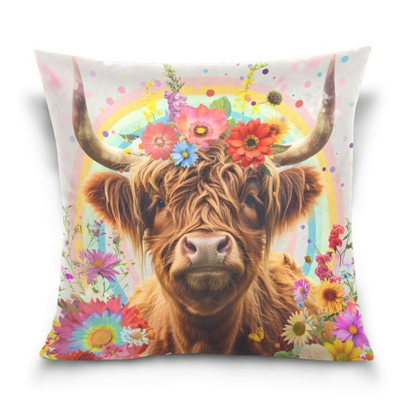 Highland Cow Flowers Rainbow Throw Pillow Covers Couch Pillowcases Decor for Bed Sofa 16" x 16"