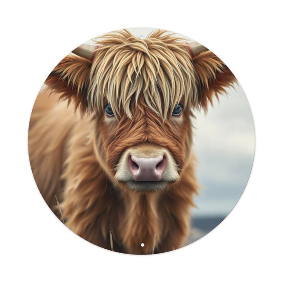 Highland Cow Fluffy Farm Animal 1677.9x7.9in Round Aluminum Plaque Wall Art, UV Printed Vintage Metal Sign with Pre-Drilled Holes for Home Bar Garage Cafe Decor