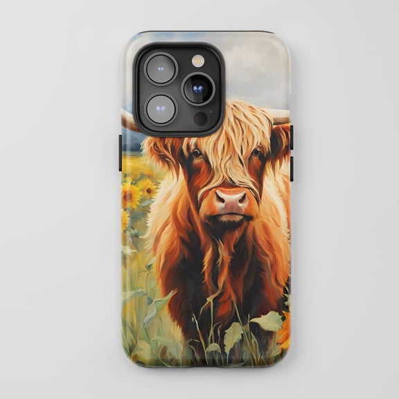 Highland Cow For All iPhone Series Tough Phone Case Oil Painting Sunflower