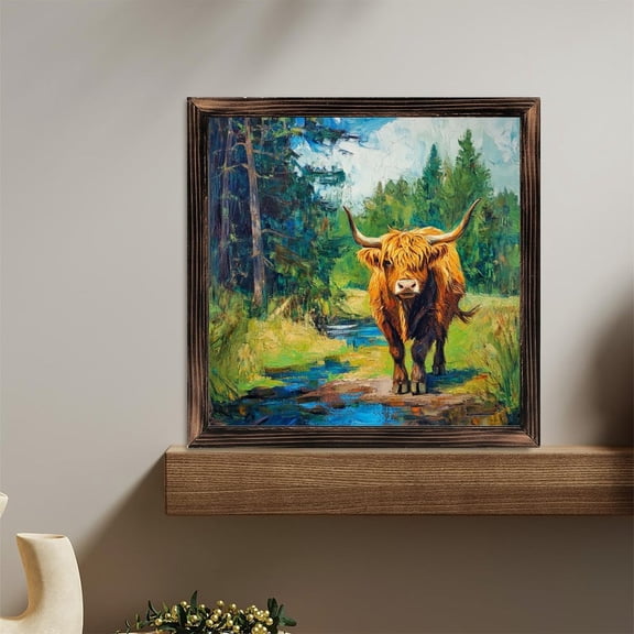 Highland Cow Forest Stream View Wooden Sign Wall Plaque - Vintage Art Decoration, Wall Decoration - Ideal Gift For Home Decoration, Living Room, Bathroom, Bedroom, Garden, Dining, Bar, Cafe, Festiv