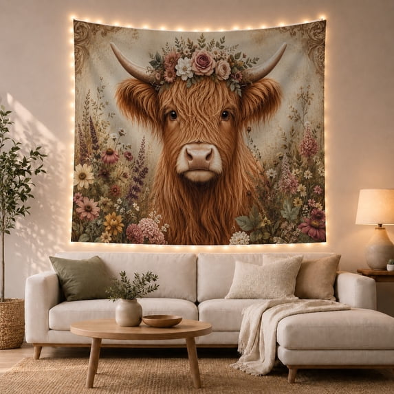Highland Cow Framed by a Wildflower Meadow, Serene Rustic Art for Animal Lovers, Botanical Home Decor, Housewarming Gift, Tapestry Wall Hanging for Living Room and Bedroom