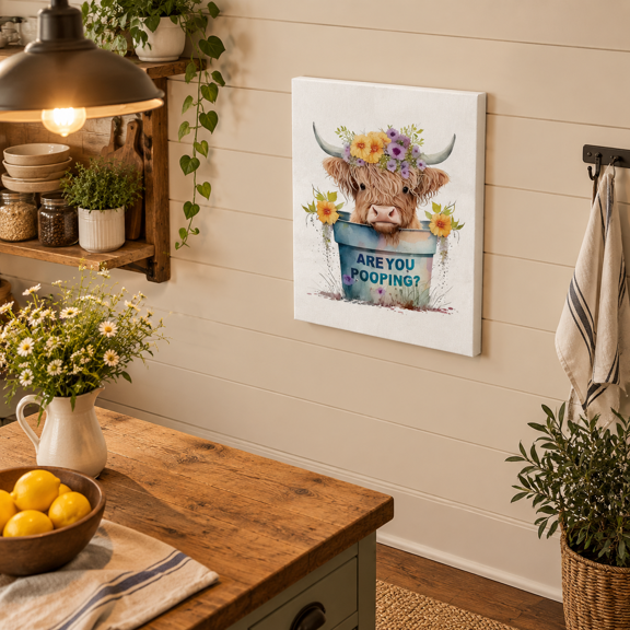 Highland Cow Funny Bathroom Canvas Art Print, Neutral Western Farmhouse Decor