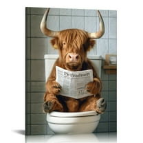 Highland Cow Funny Bathroom Decor Wall Art Canvas Prints ,Funny Bathroom Signs Animal Canvas Wall Art,Bathroom Highland Cow Art Prints,Rustic Farmhouse Bathroom Wall Decor
