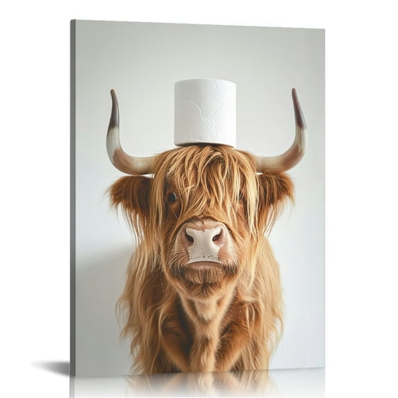 Highland Cow Funny Bathroom Decor Wall Art Canvas Prints ,Funny Bathroom Signs Animal Canvas Wall Art,Bathroom Highland Cow Art Prints,Rustic Farmhouse Bathroom Wall Decor