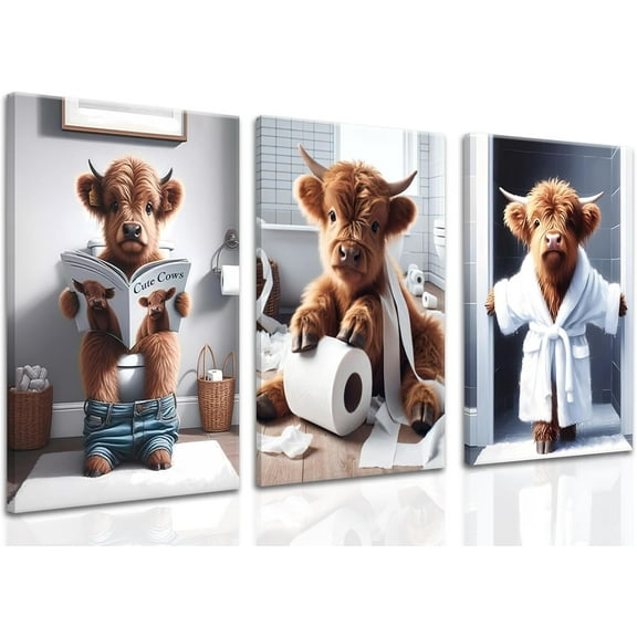Highland Cow Funny Bathroom Wall Art Set of 3 Brown Cute Cow Animal Canvas Posters Prints Vintage Rustic Farmhouse Home Pictures Wall Decor Painting for Bathroom Restroom 16x24Inch d