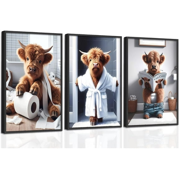 Highland Cow Funny Bathroom Wall Art Set of 3 Brown Cute Cow Animal Canvas Posters Prints Vintage Rustic Farmhouse Home Pictures Wall Decor Painting for Bathroom Restroom 16x24Inch d