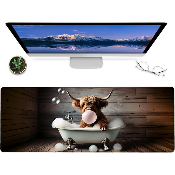 Highland Cow Gaming Mouse Pad,12x31.5in Non-Slip Rubber Farmhouse Cattle Desk Mat,Large Extended Mousepad for Office Home Laptop,Mice Pads Gifts,Game Lover Deskmat Decor (Bull in Bathtub)