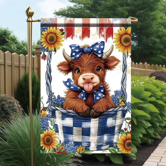 Highland Cow Garden Flag 12x18 Inch Double Sided Outdoor Yard Banner Cute Brown Cow with Blue Bow Sunflower Farmhouse Decor for Summer Country Rustic Home Decoration