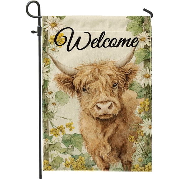 Highland Cow Garden Flag Brown Floral Rustic Double Sided Burlap Outdoor Yard Decor 12x18 Inch