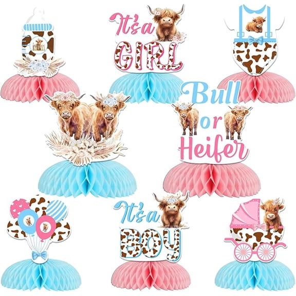Highland Cow Gender Reveal Decorations, 8PCS Pink Blue Bull or Heifer Honeycomb Centerpieces, Highland Cattle Table Decor for Boy or Girl Holy Cow Baby Shower Gender Reveal Party Supplies