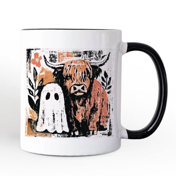 Highland Cow Ghost Fall Personalized Mug, Spooky Season Halloween Gift with Custom Name