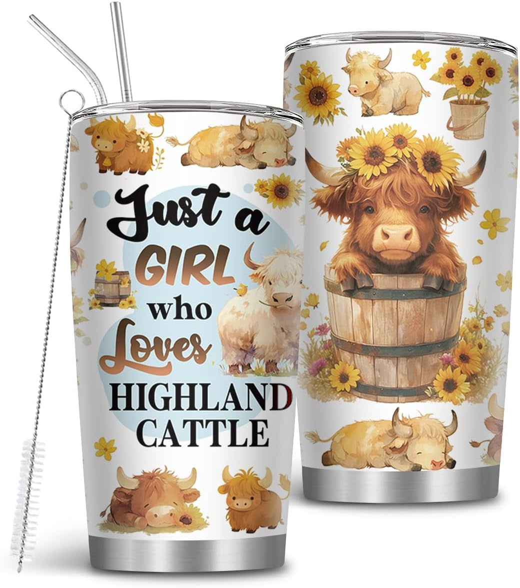 Kihraw Highland Cow Tumbler 20oz - Insulated Stainless Steel Travel Cup, Cute Cow Lover Gift