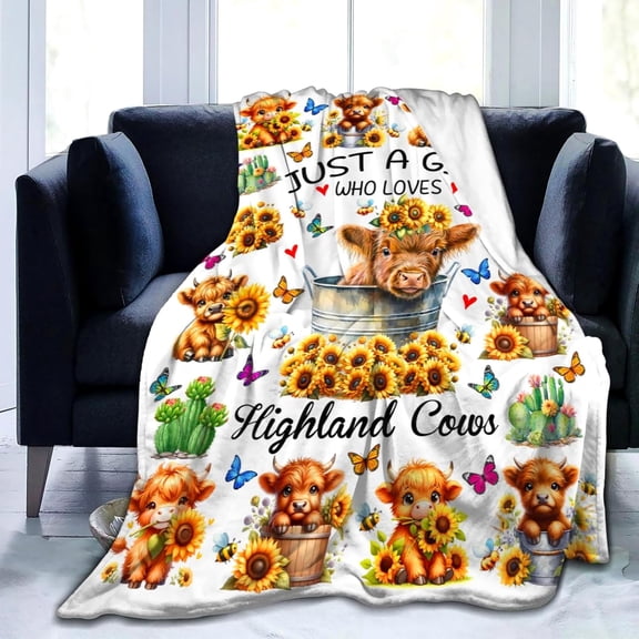 Highland Cow Gifts Sunflower Highland Cow Print Blanket Throw Plush Stuff Cute Animal Butterfly Gifts for Girls Kids Women Adults Highland Cow Lovers Birthday Decorations