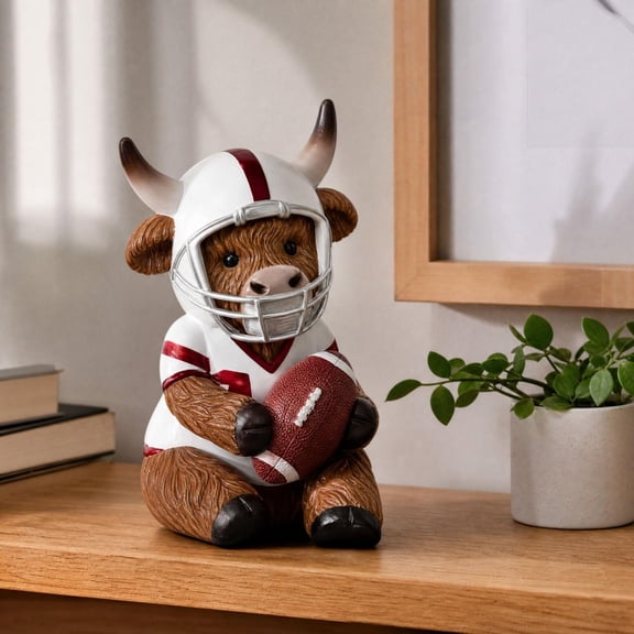 Highland Cow Gifts,Whimsical Highland Cow Football Player Resin Statue, Brown Cow Figurine with Helmet Holding Football for Sports Fan Home Decor