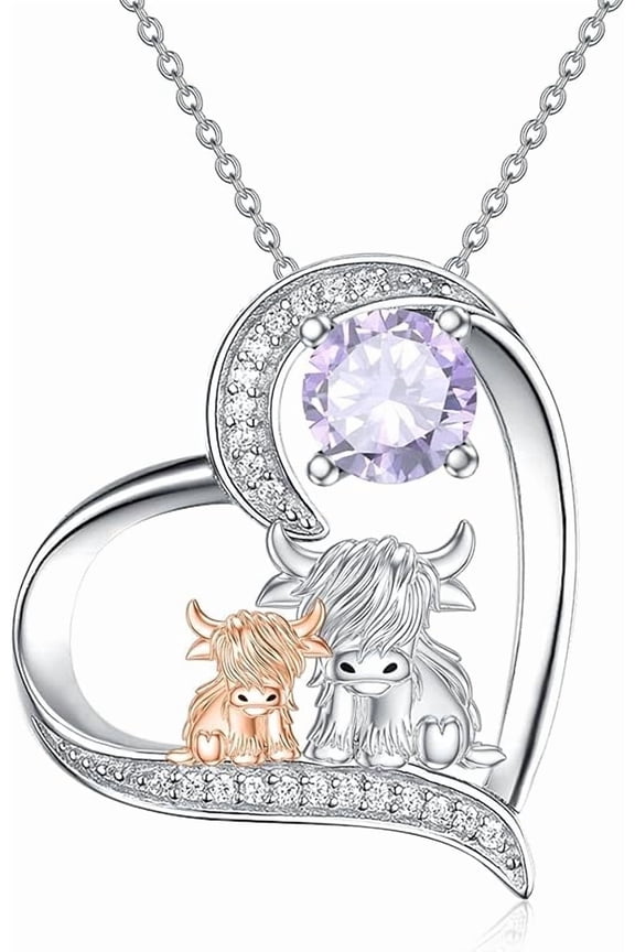 Highland Cow Necklace 925 Sterling Silver June Birthstone Heart Pendant Necklaces for Women Mother and Me Birthday Jewelry Gifts 18" + 2" Extender