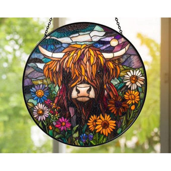 Highland Cow Glass Suncatcher, Colorful Floral Window Panel, Rustic Farmhouse Cabin Décor, Country Western Wall Hanging, 3.5 in