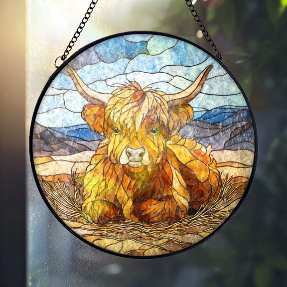 Highland Cow Glass Suncatcher, Round Farm Animal Window Hanging Rustic Brown Gold Cattle Art, 3.5 in