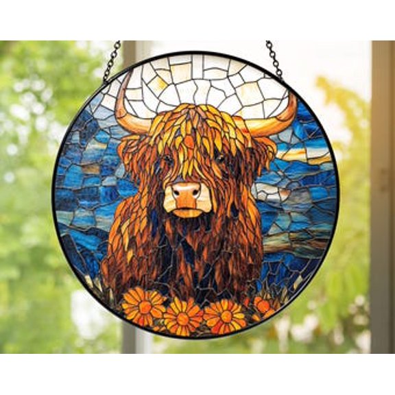Highland Cow Glass Suncatcher: Rustic Farmhouse Window Decor, 6.3 in