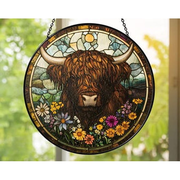 Highland Cow Glass Suncatcher | Rustic Farmhouse Window Hanging with Wildflowers | Handmade Country Home Décor Gift, 6.3 in