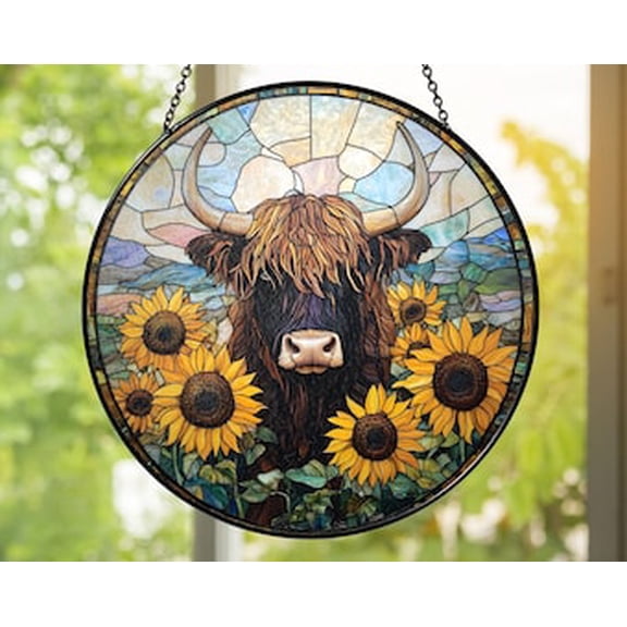 Highland Cow Glass Suncatcher | Sunflower Window Hanging Rustic Farmhouse Cabin Décor | Handmade Wildlife Gift, 3.5 in