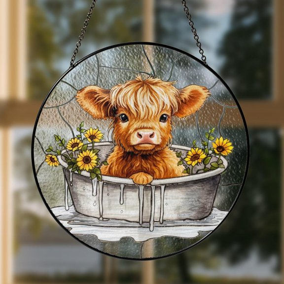 Highland Cow Glass Suncatcher, Sunflower Window Panel Farmhouse Rustic Country, 7.9 in