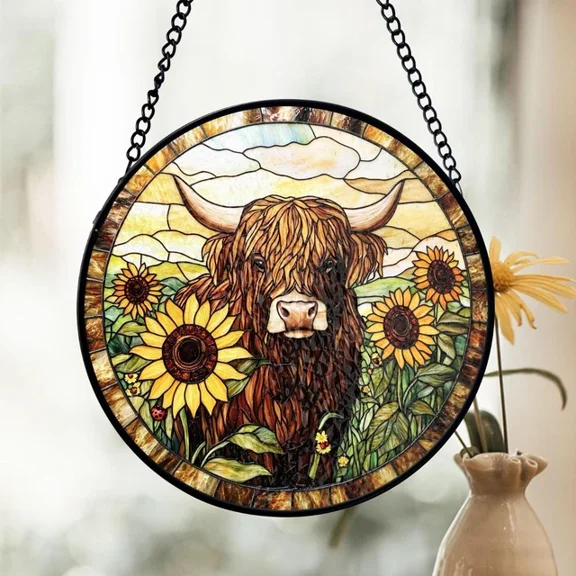 Highland Cow Glass Suncatcher, Sunflower Window Panel, Farmhouse Rustic, Suncatcher Window Hanging, 6.3 in