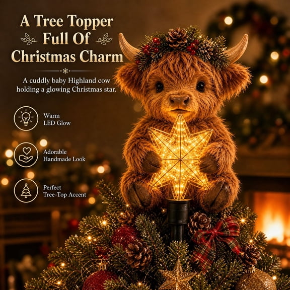 Highland Cow Glowing Star Tree Topper, Lighted Christmas Decor,Adorable baby Highland cow hugs a warm glowing star, adding cozy farmhouse charm and a memorable finish to your tree.