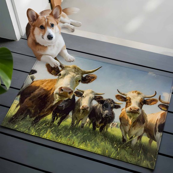 Highland Cow Group 2x3 Area Rugs for Living Room, Retro Country Cows Grass Blue Sky Non Slip Floor Mat Washable Low-Profile Indoor Carpet for Bedroom, Dining Room, Bathroom