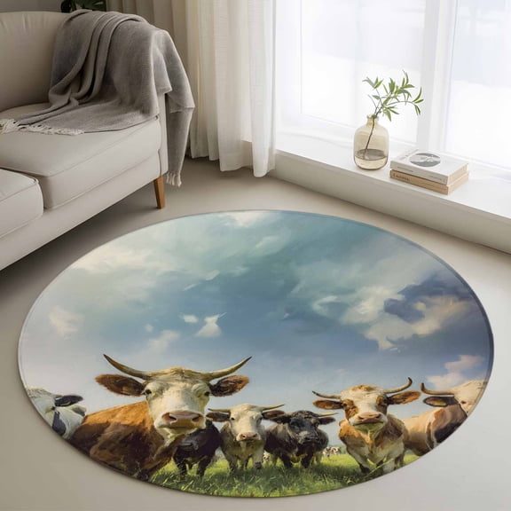 Highland Cow Group 3FT Round Area Rugs Retro Country Cows Grass Blue Sky Soft Small Round Rug Non-Slip, Ultra-Thin Indoor Circle Carpet for Bedroom Entryway Kitchen Bathroom