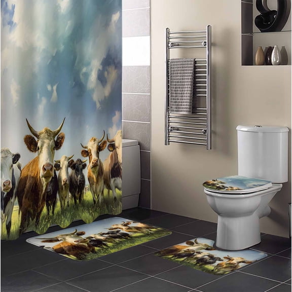 Highland Cow Group 4PCS Shower Curtains Set with Toilet Lid Cover Non-Slip Rugs, Retro Country Cows Grass Blue Sky Waterproof Shower Curtain Set for Bathroom with 9 Hooks 36x72 In