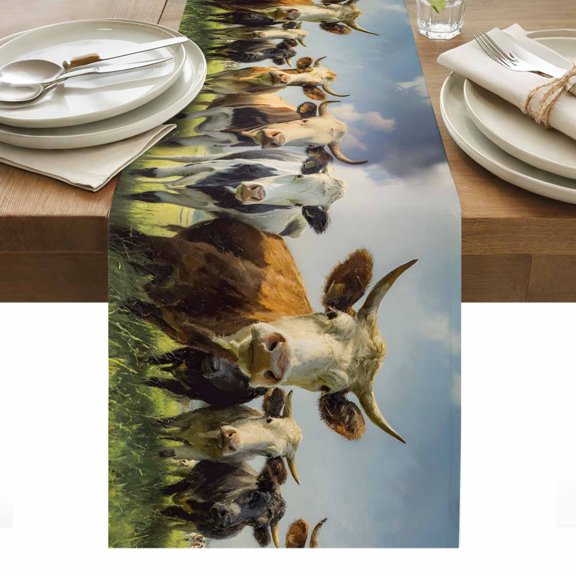 Highland Cow Group Cotton Linen Table Runner Retro Country Cows Grass Blue Sky Dining Table Runners for Home Decor Party Dining Room Restaurant Kitchen Party 13" x 48"
