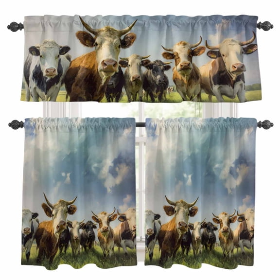 Highland Cow Group Kitchen Curtains Valance and Tier Set Retro Country Cows Grass Blue Sky Rod Pocket Short Curtains for Small Window 3 Pieces Set for Bedroom Bathroom Cafe (54" x 18"+27" x 24")