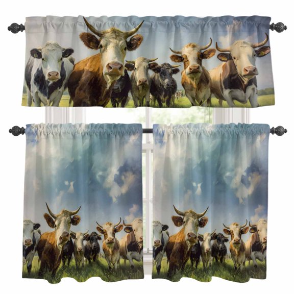 Highland Cow Group Kitchen Curtains Valances and Tiers Set of 3 Retro Country Cows Grass Blue Sky Tier Curtains and Valance with Rod Pocket for Small Windows, 27.5"x24"