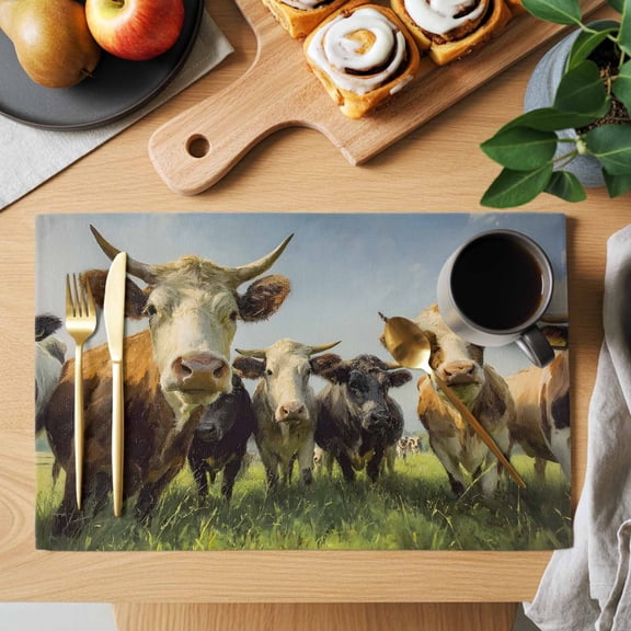 Highland Cow Group Placemats Set of 1, Retro Country Cows Grass Blue Sky Heat Insulated Linen Place Mats, Washable Stain-Proof Table Mats for Dining Tables Holiday Decor 13x19 Inches