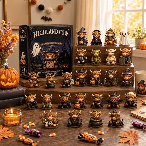 Highland Cow Halloween Advent Calendar 2026, 24 Mini Cow Figurines Surprise Box Set, Fun 24-Day Holiday Countdown Collectible Figures for Halloween Countdown and Desktop Decor
