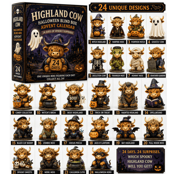 Highland Cow Halloween Blind Box Advent Calendar, Spooky Witch Ghost Vampire Mummy Mini Figurines Halloween Home Decor Set