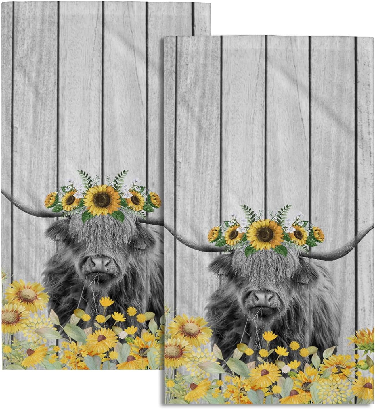 Highland Cow Hand Towels Set of 2 Yellow Daisy Soft Absorbent Kitchen Fingertip Towels Decorative Bathroom Towels for Face Guest Gym